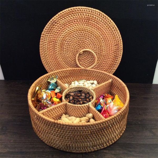 Geschirr-Sets, gewebte runde Weidenkörbe mit Deckel, geteilte Rattan-Kleinigkeiten-Box, 29 cm, für getrocknete Früchte, Nüsse, Schüssel, Schlüssel, Schmuck, Make-up-Organizer