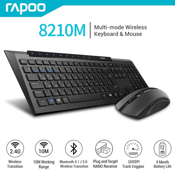 Combo tastiera mouse Rapoo 8210M Set tastiera e mouse wireless multimodale Tastiera russa Motore di tracciamento ottico ad alta definizione Mouse 1600 DPI 230715