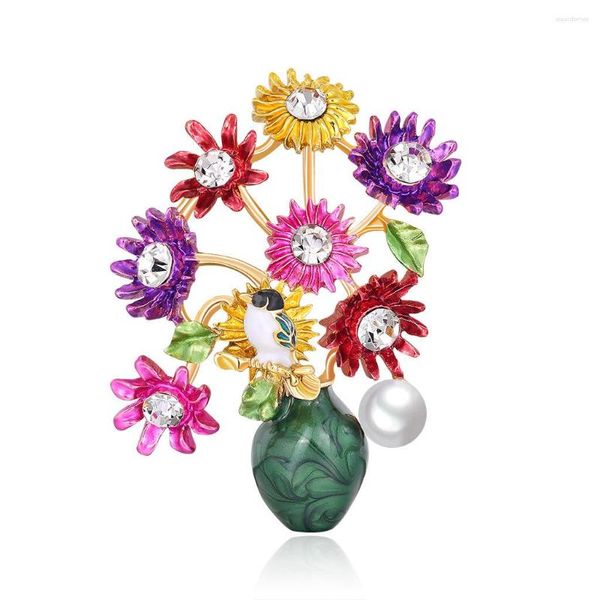 Broschen Vase Gänseblümchen Vogel Blume Imitation Perle Broschen Für Frauen Männer Emaille Persönlichkeit Kleidung Kleid Hochzeit Schmuck Brosche Pin