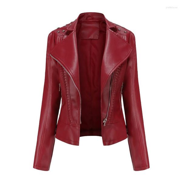 Damen Leder Nietenjacke Frühling Herbst Retro Umlegekragen Slim Casual Damen Faux Soft Moto Biker Oberbekleidung