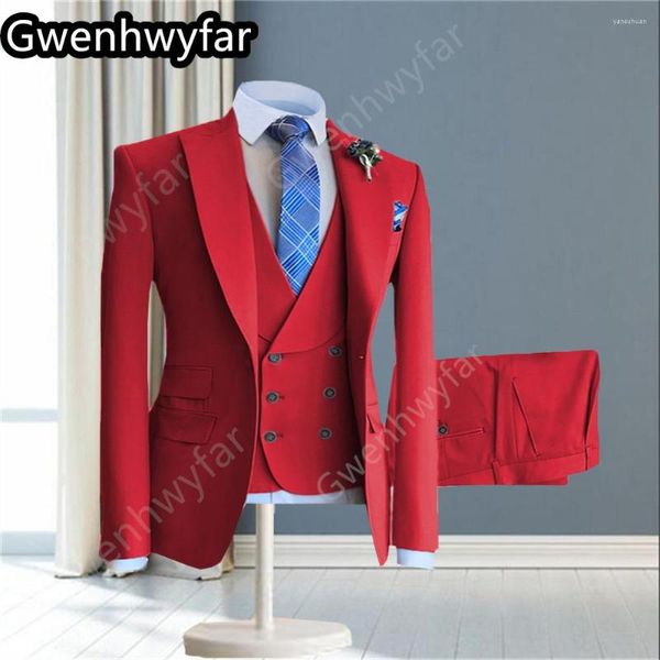 Abiti da uomo Gwenhwyfar Fashion Red Western Slim Fit Risvolto Festa Matrimonio Sposo Uomo Set 3 pezzi (Blazer Vest Pants)