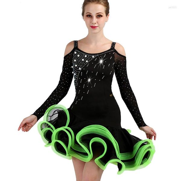 Bühne tragen Dame Tanz Kleidung Latin Kostüme Rüschen Stil Tanzen Kleid Für Frauen Ballsaal Tango Dancewear Grün