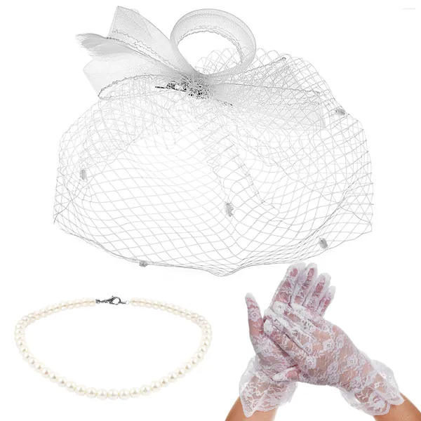Банданас одежда жемчужное ожерелье Женщины невеста вуали свадебной шляпу Шляпа белые наряды Зачатки головные слушатели перчатки