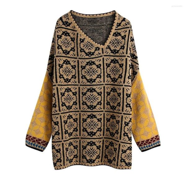 Maglioni da donna 2023 Maglione oversize con collo asimmetrico di moda Maglione da donna Pullover lavorato a maglia jacquard geometrico vintage a maniche lunghe