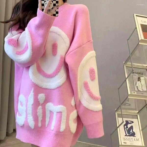 Camisolas Femininas Estilo Coreano Suéter com Estampa de Sorriso Feminino Caxemira Rosa Outono Inverno Kawaii Manga Comprida Tops de Malha Pulôveres Grandes