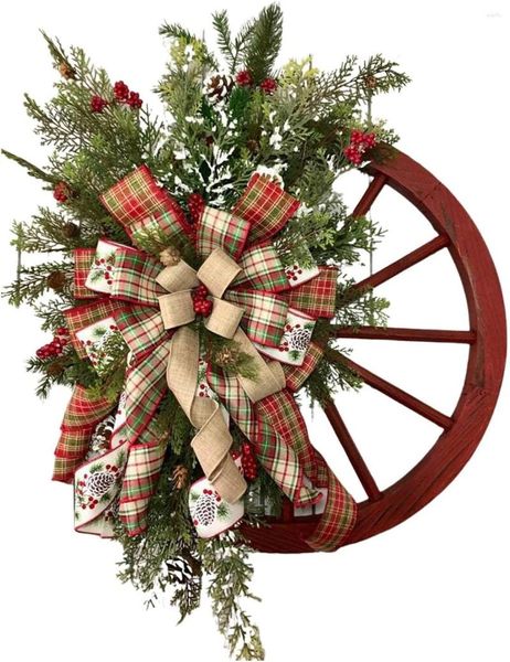 Dekorative Blumen, Bauernhaus-Wagenrad, Weihnachtskränze für draußen, 40,6 cm, Winter-Haustür-Kranz, Vintage-Simulation, grüne Blätter, Kiefer