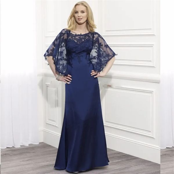 Marineblaues Post-Halbarm-Kleid für die Brautmutter, U-Ausschnitt, Applikationen, Abendkleid in Übergröße für Hochzeits- und Partykleid