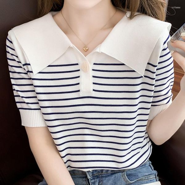 Camisolas Femininas Estilo Preppy Sweet Women Tops Verão 2023 Moda Listrado Gola Marinheiro Camisola Manga Curta Botão Solto Malha Roupas Senhora