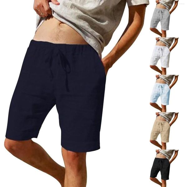 Shorts de corrida masculinos, bolso casual, simples, cordão, linho grosso, praia, ajuste justo, roupas masculinas curtas