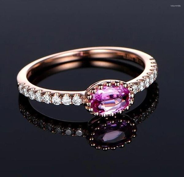 Hochzeit Ringe Luxus Weibliche Schmuck Oval Rosa Zirkon Ring Rose Gold Farbe Für Frauen Charme Pinky Weiß Stein Engagement