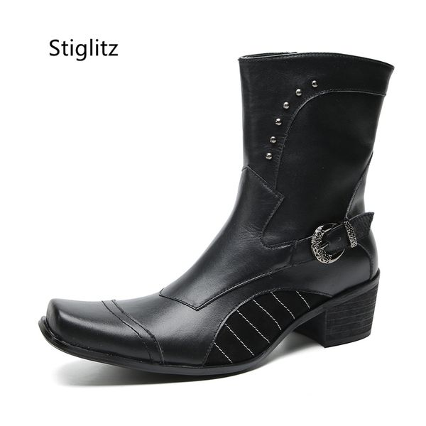 Botas de cano alto de couro legítimo com fivela de metal rebite para homens preto retrô de salto alto botas ocidentais sapatos de segurança de trabalho masculino bota Chelsea