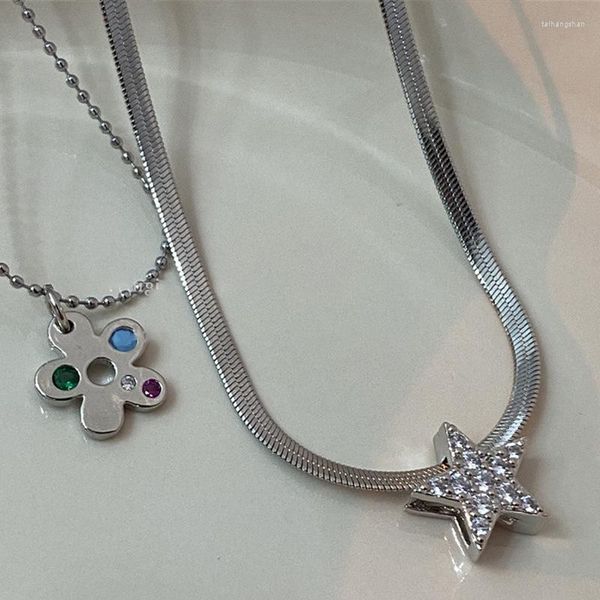 Collane con pendente Y2k Zircone Fiore Stella Pentagramma Per Le Donne Moda Coreana Acciaio Al Titanio Catene Della Clavicola Collana Gioielli