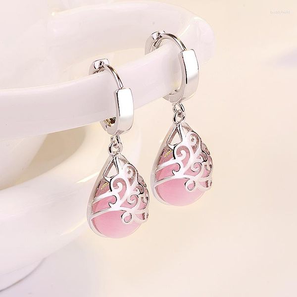 Dangle Küpeler Zarif Pembe Taklit Opal Moonstone Avrupa Amerikan 925 Gümüş İğne Damlası Küpe Kadın Moda Kulak Aksessori