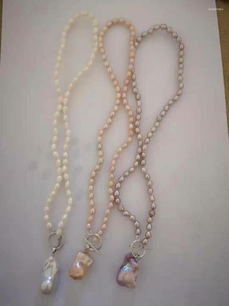 Подвесные ожерелья Последние натуральное рисовое жемчужное ожерелье ручной работы с большим барокко белый/розовый/лаванда для женщин подарок PN002