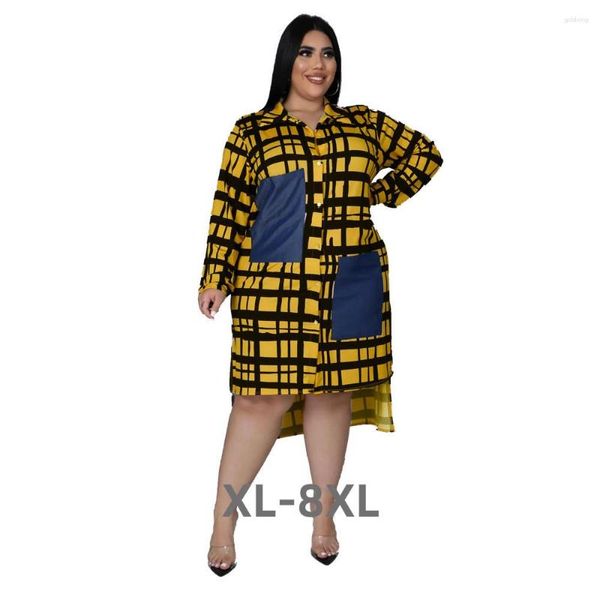 Plus Größe Kleider Frauen Großhandel Tasten Casual Langarm Lose Büro Dame Kariertes Hemd Midi Dres 3xl 4xl 5xl 6xl