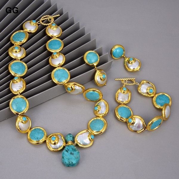 Hochzeit Schmuck Sets GuaiGuai Natürliche Zucht Barock Münze Perle Gold Farbe Überzogen Blau Türkisen Halskette Armband Ohrringe Für Frauen 230717