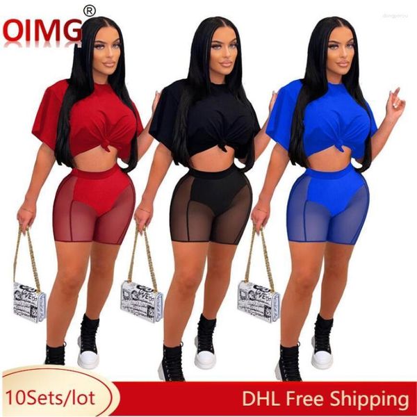 Fatos de treino femininos 10 conjuntos de roupas de verão para mulheres em malha, duas peças, camiseta de manga curta, shorts transparentes combinando com roupas de boate sexy 7210