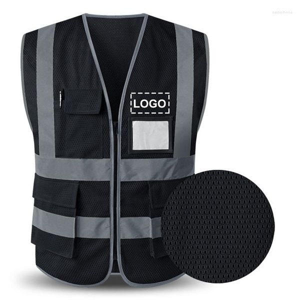 Gilet da uomo Gilet riflettente nero Maglia ad alta visibilità Nome personalizzato Sicurezza Logo personalizzato Gilet da lavoro multitasche