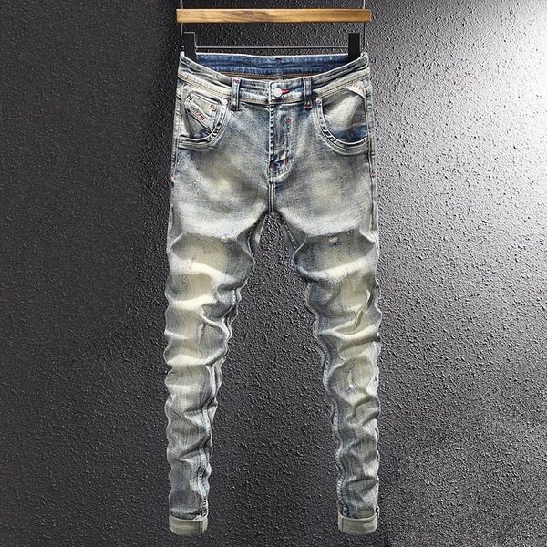 Jeans da uomo Stile italiano Moda Uomo Retro Lavaggio Elastico Slim Fit Strappato Designer vintage Stretch Pantaloni casual in denim Hombre