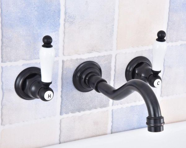 Banyo Lavabo muslukları siyah yağ ovulmuş pirinç 2 seramik sap duvar montajı 3 delik yaygın lavabo kapı musluk mikser musluk dsf495
