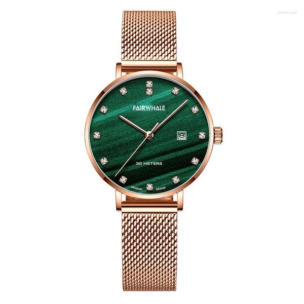 Relógios de Pulso Mark Fairwhale Elegante Quartzo Relógio Feminino Verde Retro Moda Safira 30m Calendário À Prova D' Água Relógios Femininos 3240