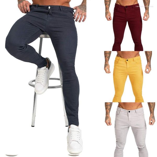 Calça jeans masculina 2023 de cor sólida Ouma Four Seasons simples, fina, cintura baixa, pés rasgados, calças masculinas