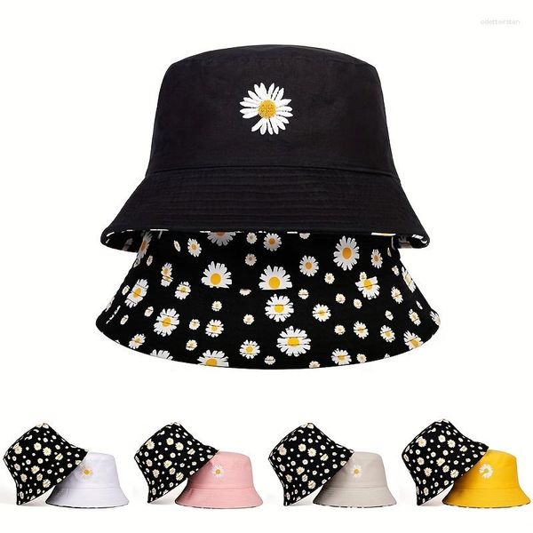 Berets Sommer Doppelseitige Gänseblümchen Eimer Hüte Frauen Stickerei Hip Hop Panama Bob Caps Gefaltet Strand Sonne Fischer Hut für Damen