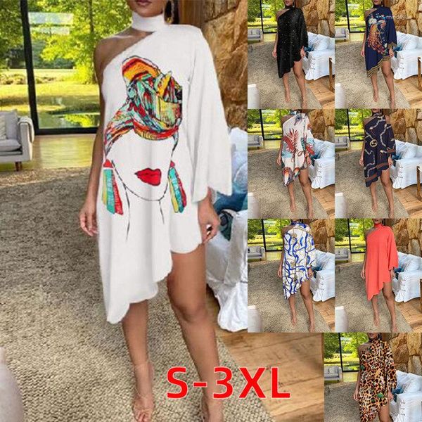 Abiti casual Sexy Vingate Ruffle Print Abito a spalla inclinata Una manica Irregolarità allentata Abiti da vacanza Boho oversize