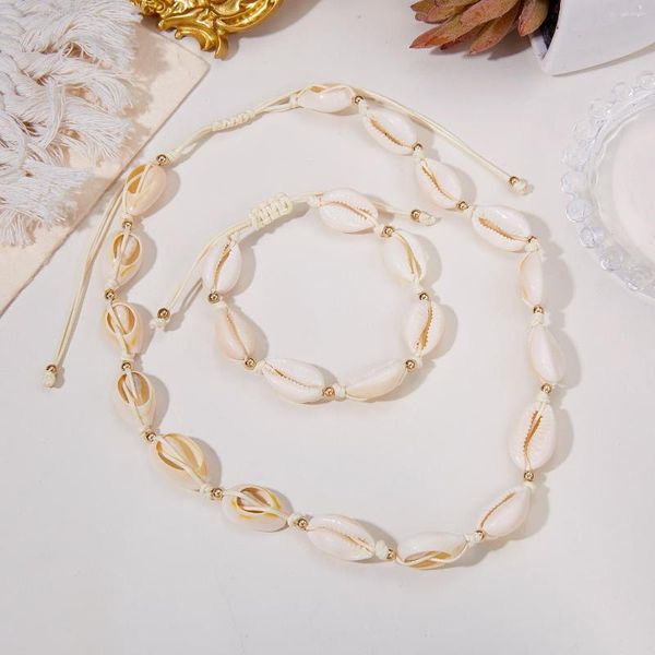 Girocollo Collana con conchiglia di mare naturale bohémien Set di braccialetti per donna Colletto intrecciato a mano Summer Beach Party Vacation Jewelry Gift