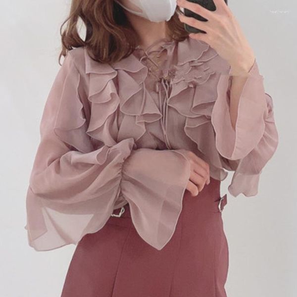 Kadın bluzları wakuta tatlı o boyun fırfırlı alev kollu dantel yukarı gömlekler Japonya pembe bej bluz femme sonbahar blusas mujer de moda 2023