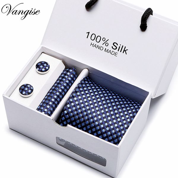 Conjunto de gravatas masculinas xadrez tamanho longo 145 cm * 7,5 cm gravata azul marinho paisley seda jacquard tecido gravata terno festa de casamento 230717