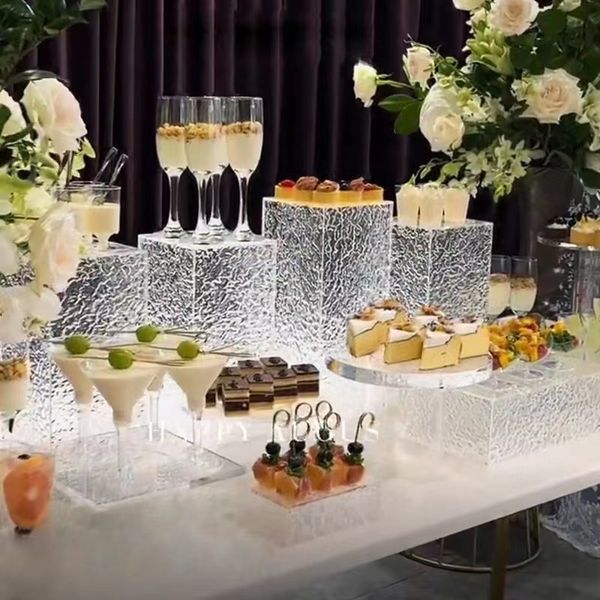 Decorazioni per matrimoni romantici Tavolo da dessert Tavolo da bar Portapiatti da buffet Scaffale in acrilico Banchetto di nozze Torta Biscotti Sushi Pane Frutta Decorazione per stand per pausa tè