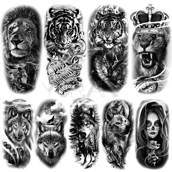 Büyük Aslan Geçici Dövmeler Kadınlar Tiger Wolf Vampir Orman Çiçek Taç Pusula Sahte Dövme Sticker Arm Vücut Tatoos