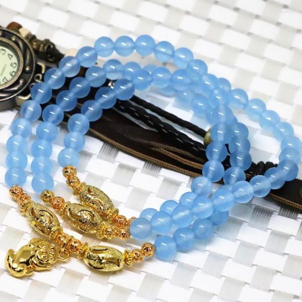 Filo di alta qualità Accessori color oro Giade blu Pietra Calcedonio 6mm Perle tonde Multistrato Bracciali lunghi Gioielli da donna B2213