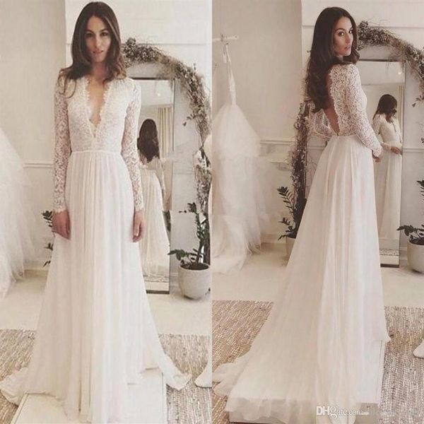 Dantel Şifon Uzun Kollu Artı Beden Gelinlik Basit Vneck Sırtsız Süpürme Tren Ülke Flowy Beach Wedding337t