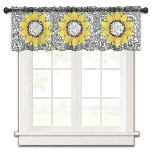 Cortina Girassol Datura Padrão Mandala Cozinha Pequeno Tule Transparente Quarto Curto Sala Decoração para Casa Cortinas Voile