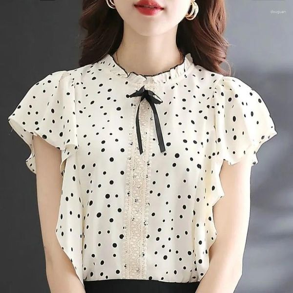 Frauen Blusen Chiffon Spitze Hemd Polka-dot Kurzen ärmeln Bluse Weibliche 2023 Sommer Elegante Design Chic Nische Temperament tops