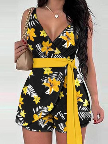 Tute da donna Summer Print Belt Shorts Suit 2023 Sexy scollo a V profondo Tank Bandage Fashion Top Tute Abbigliamento donna Femme Beach