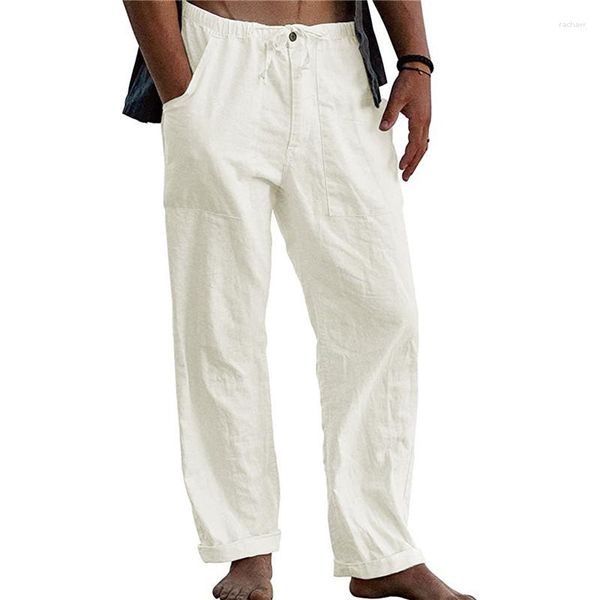Calças masculinas casuais soltas de linho de algodão masculino verão respirável cor sólida calças de praia esportes fitness streetwear