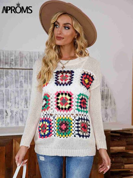 Женские свитера Aprom Элегантные многоцветные вязаные вязаные свитера Женские женщины Осенний рукав с длинным рукавом.