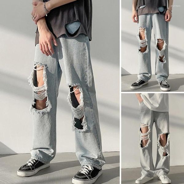 Calça Jeans Masculina Cintura Baixa Rasgada com Buracos Rasgados Casuais Calças Retas e Largas Bolsos nas Pernas com Zíper Cor Sólida Longa Streetwear