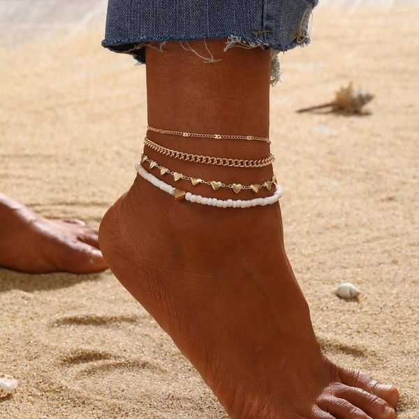 Неклеты многослойные белые рисовые бусинки Мини -сердце цепи лодыжки бохо для женщин летние пляжные ювелирные изделия