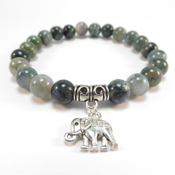 SN1120 Sacro Elefante Mala Braccialetto Guarigione Mala Yoga Gioielli Muschio Agata Zen Braccialetto di Perline Regalo Di Natale302I