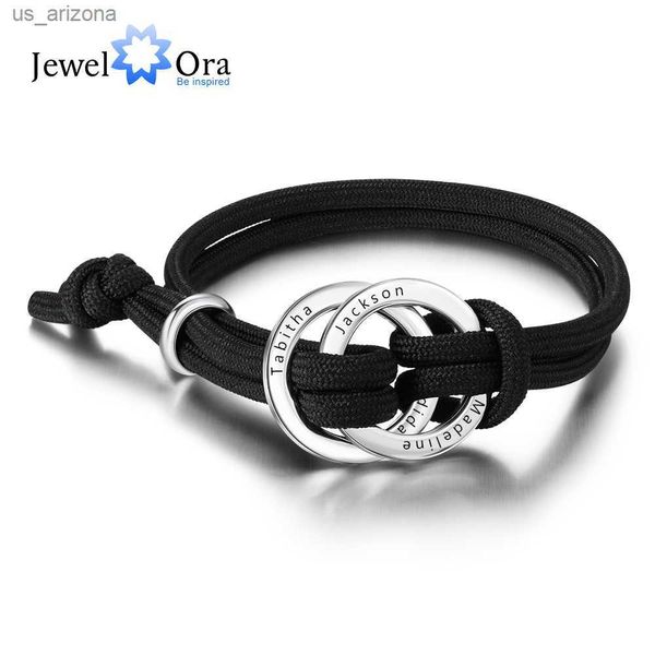 Pulseiras personalizadas com 4 nomes gravados em círculo para homens Pulseiras personalizadas de aço inoxidável com corda ajustável para presente de aniversário masculino L230620