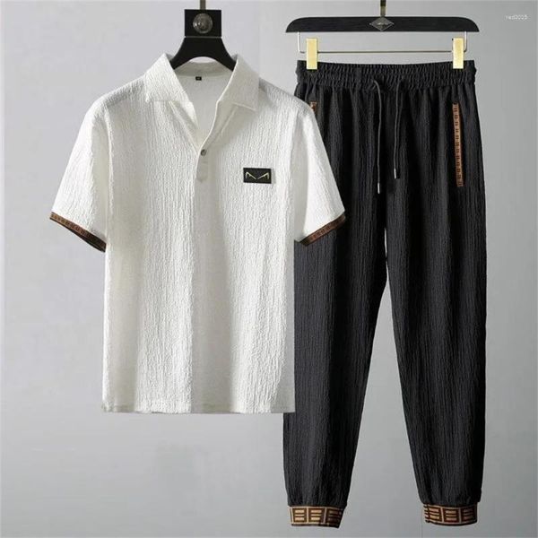 Agasalhos masculinos moda verão 2 peças conjunto masculino fino algodão linho manga curta camiseta decote em v branca calça casual terno esportivo roupas esportivas