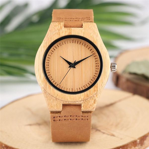 Relojes de pulsera, reloj minimalista de madera de bambú, reloj de moda para mujer, reloj de horas, cuero suave, sin palabras, esfera redonda de cuarzo