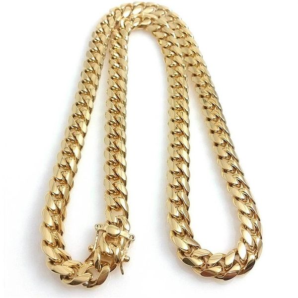 10mm 12mm 14mm Miami Cuban Link Chain Masculino 14K Gold Plated Chains High Polished Punk Curb Aço Inoxidável Hip Hop Jewelry166s