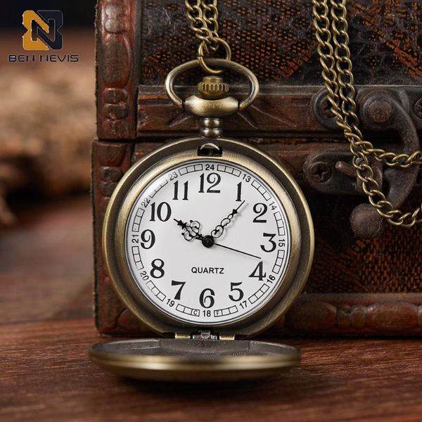 Relógios de bolso BENNEVIS Antigo Relógio de Quartzo Retro Bronze Relógio Analógico Pingente Colar Completo Estilo Vintage Corrente Jóias Presentes Para Homens