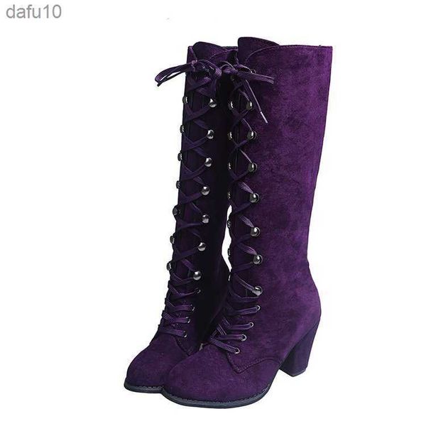 Inverno Autunno Donna Stivali alti al ginocchio Stivali lunghi donna Stivali allacciati moda donna dolce Calzature giornaliere 34-43 Tacco quadrato viola L230704