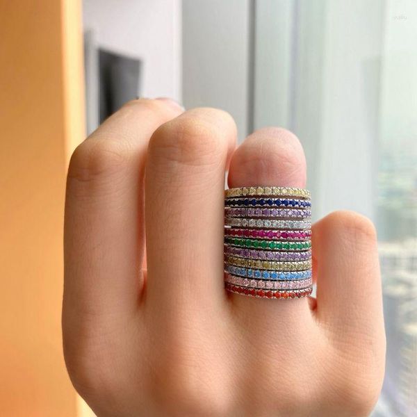 Cluster-Ringe aus 925er-Sterlingsilber, schlichter Stil, 12 Farben, 5A-Zirkonia-CZ-Hochzeits-Ewigkeitsband, stapelbarer Ring, feiner Schmuck